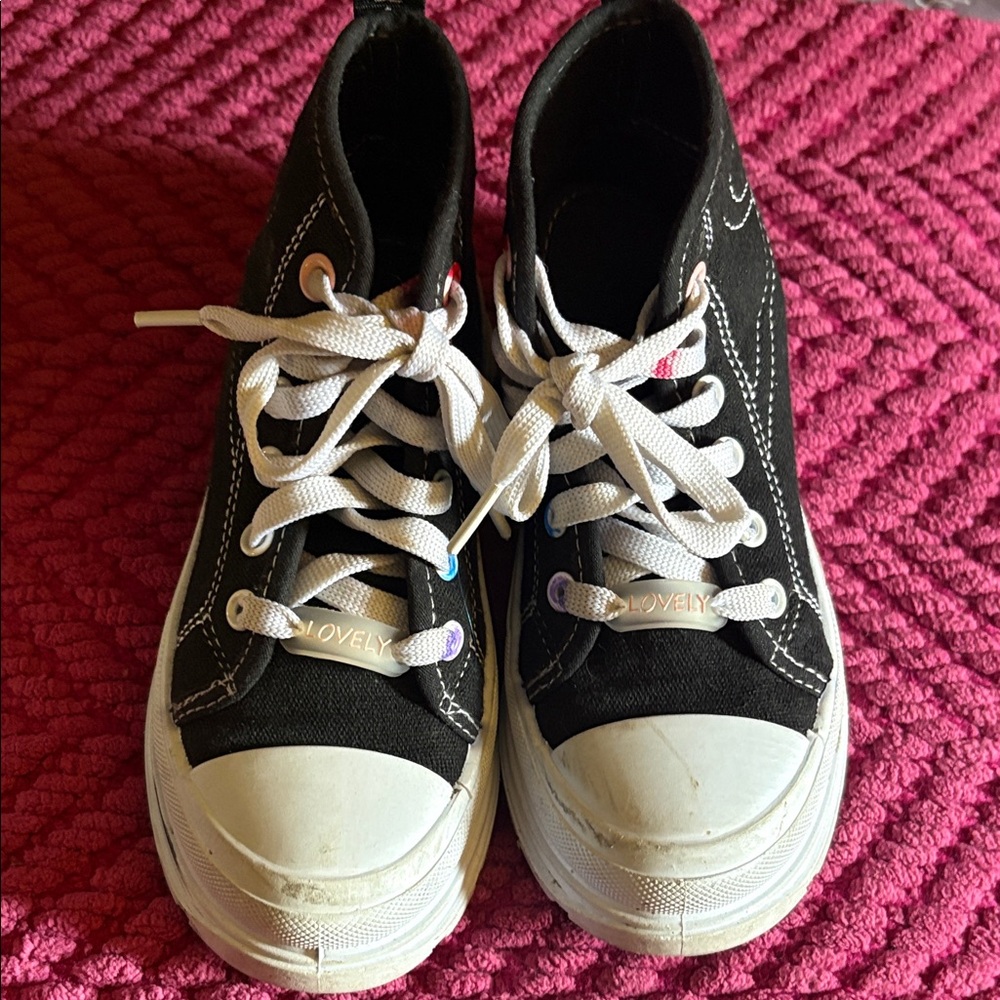 Kids Black Canvas Sneakers with White Soles and Lace Accents